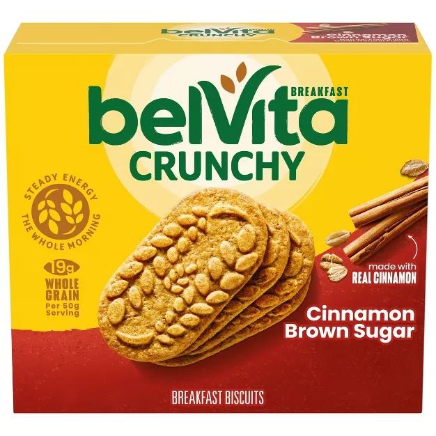 A box of Belvita crunchy cinnamon brown sugar breakfast biscuits 