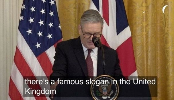 Kier Starmer at a podium with the US and UK flags behind him: "there's a famous slogan in the United Kingdom"