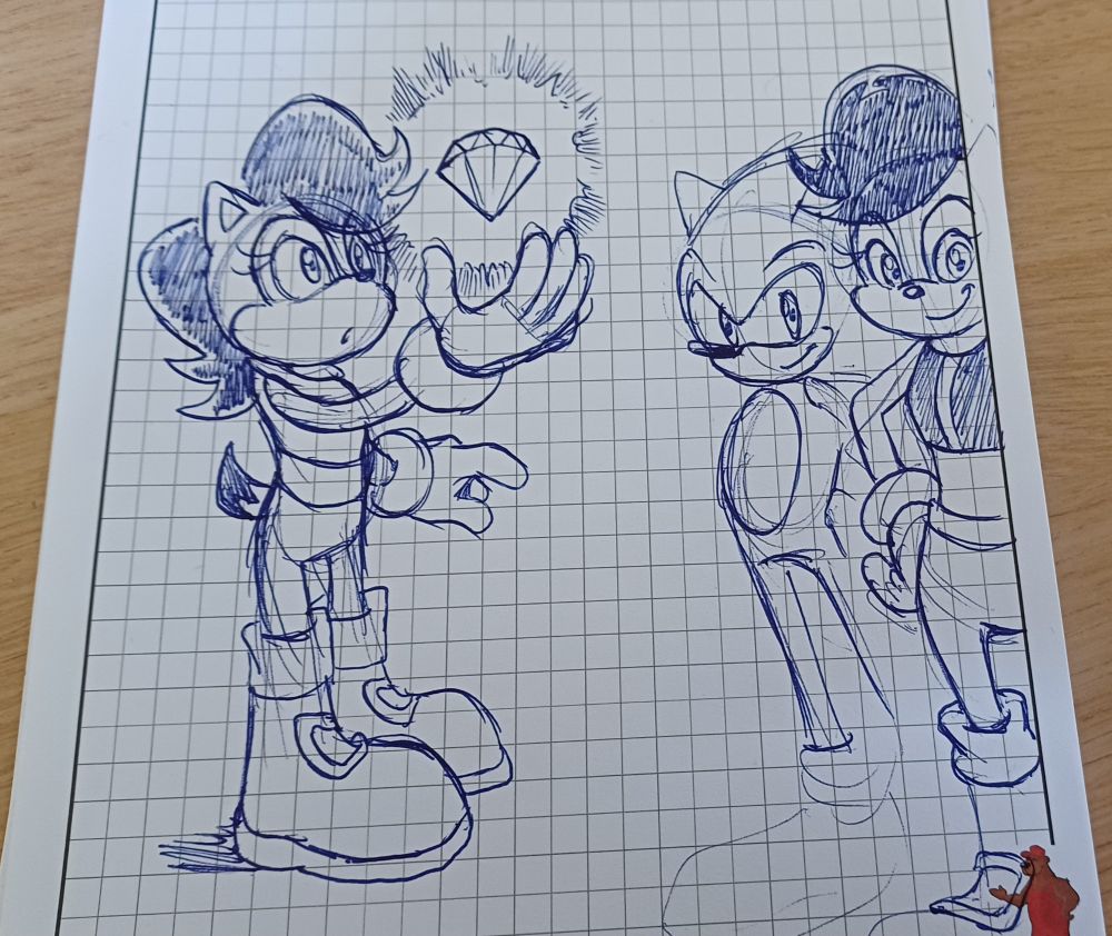 Sketch of a redesign of Sally Acorn looking at a Chaos Emerald, then next to Sonic.