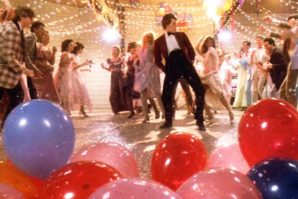 Footloose dance scene. Balloons. Confetti. Kevin Bacon. 