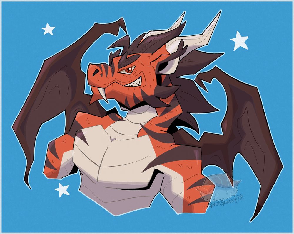 Red dragon with dark stripes and large fangs. 