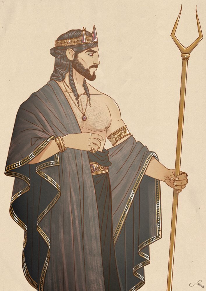 Digital illustration of a greek god Hades, in a black robe and with a crown