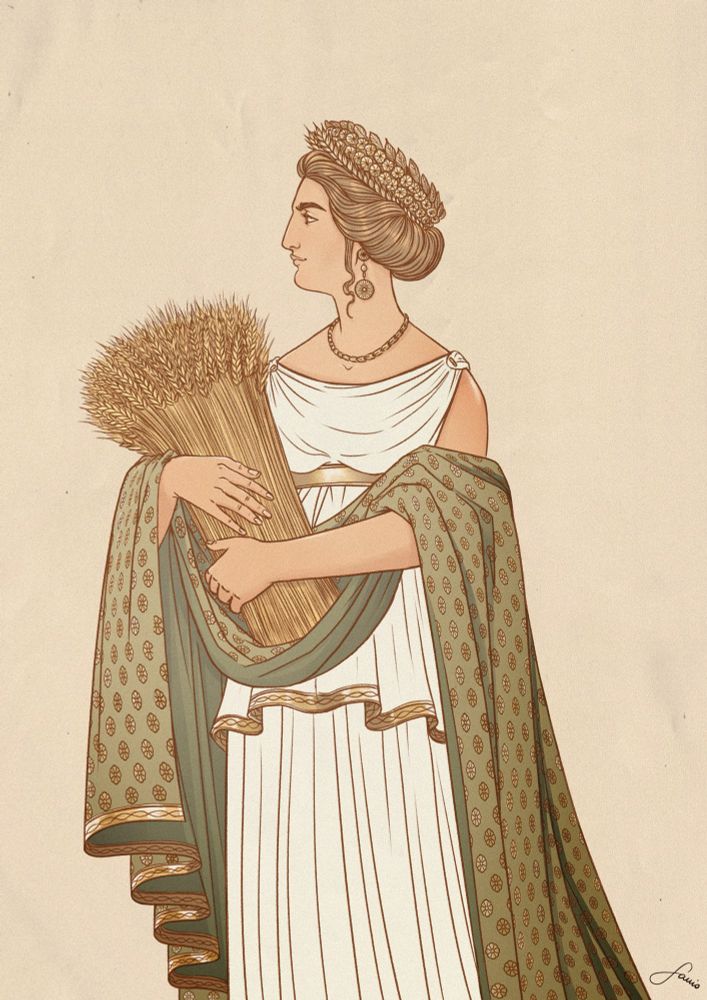 Digital illustration depicting ancient Greek goddess Demeter holding grain with a golden crown of poppy flowers