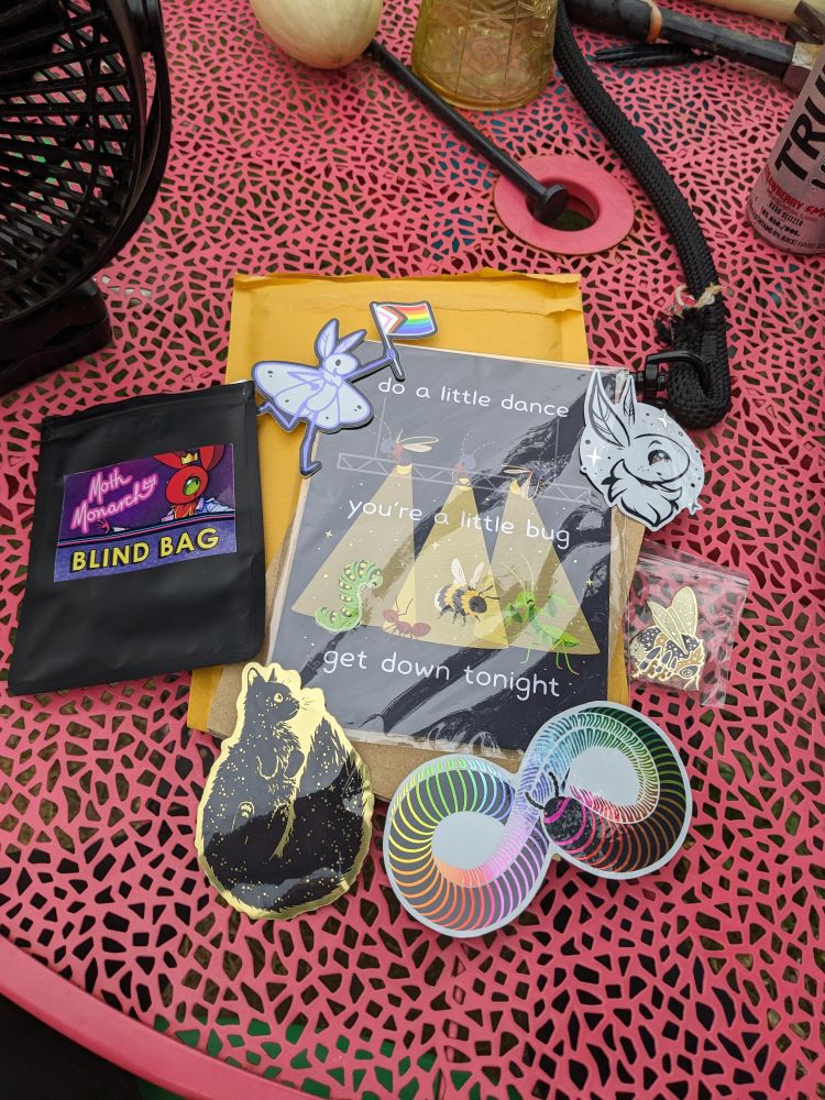 A picture of cute bug stickers, a black cat sticker, and a bumble bee pin, and a postcard print with little bugs dancing, all from MothMonarch.