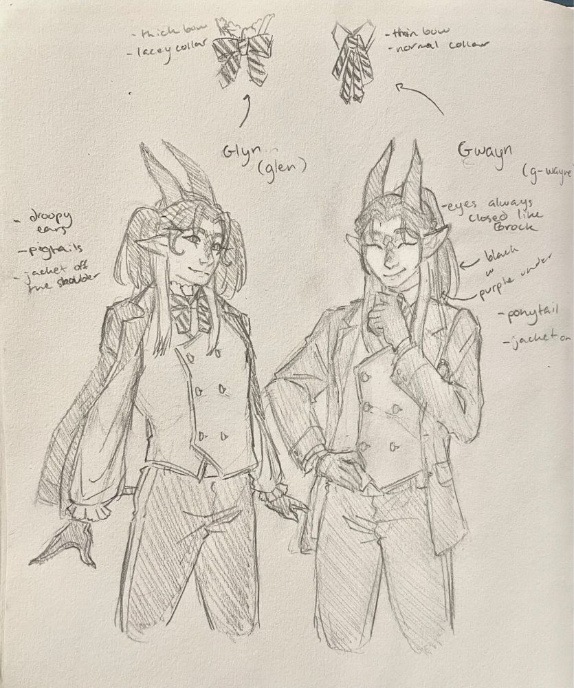 a black and white sketch of two men with dragon horns and scales on the bridges of their noses. they are wearing the school uniform from twisted wonderland. they look very similar except for the way they wear their uniform and their hair. one has his eyes open and the other has them closed but both are smiling.