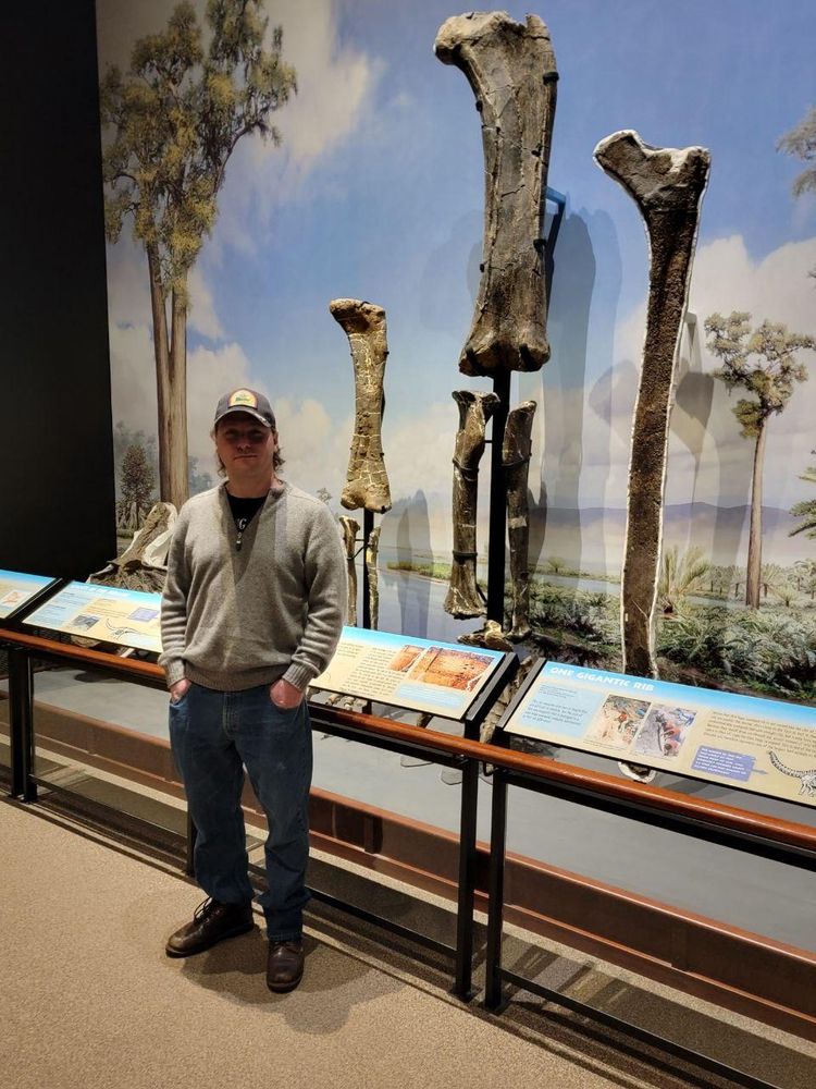Person in jeans and a sweater posing in front of a display of dinosaur leg bones in the Museum of the Rockies in Montana