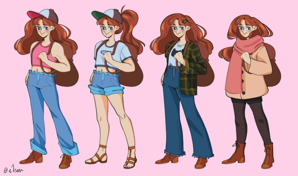 My original character Rina, for fields of mistria, in four different outfits that correspond to different seasons.