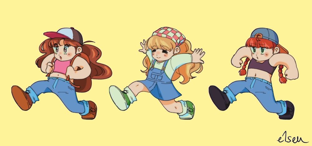 Rina, Marie and April walking together in a chibi style. They're all original characters of mine for fields of mistria.