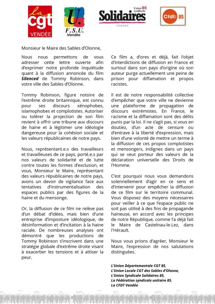 Courrier de syndicats au maire des Sables-d'Olonne pour demander l'interdiction de la projection du film raciste "Silenced".