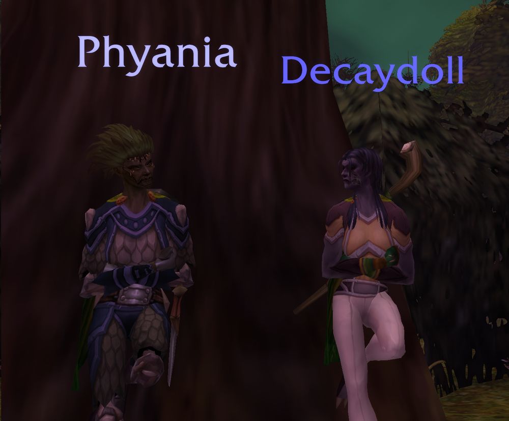 Two undead characters leaning against a tree, one on the left called ‘Phyania’ and the other ‘Decaydoll’