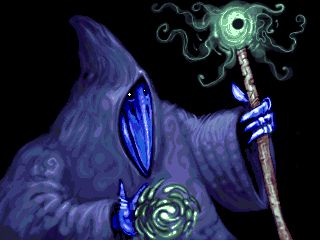 a humanized raven in a robe holding a wand and casting some green magic lights