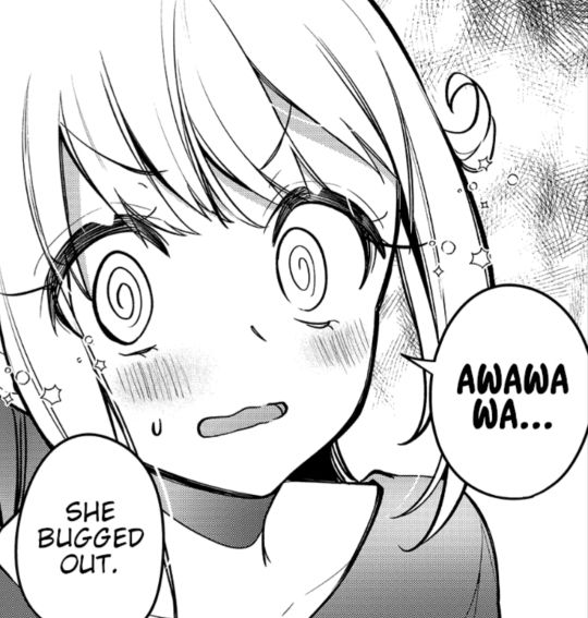 A flustered anime girl saying "Awawawa..." with additional narration adding "She bugged out."