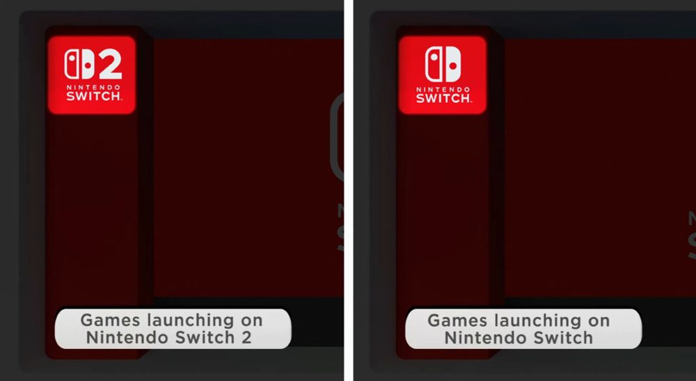 helpful diagram from the nintendo direct. the screen is split. left side says "games launching on nintendo switch 2" with a nintendo switch 2 logo with a big "2". right side says "games launching on nintendo switch" with a nintendo switch logo (without the 2). colors and layout is otherwise identical on both sides, which makes one think maybe they should have differentiated them better. but i digress
