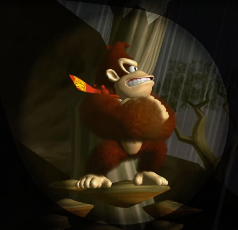donkey kong strikes a pose in DK:JB - arms crossed, teeth bared, tie flapping backwards in the wind and rain, as a spotlight illuminates his very furry body
