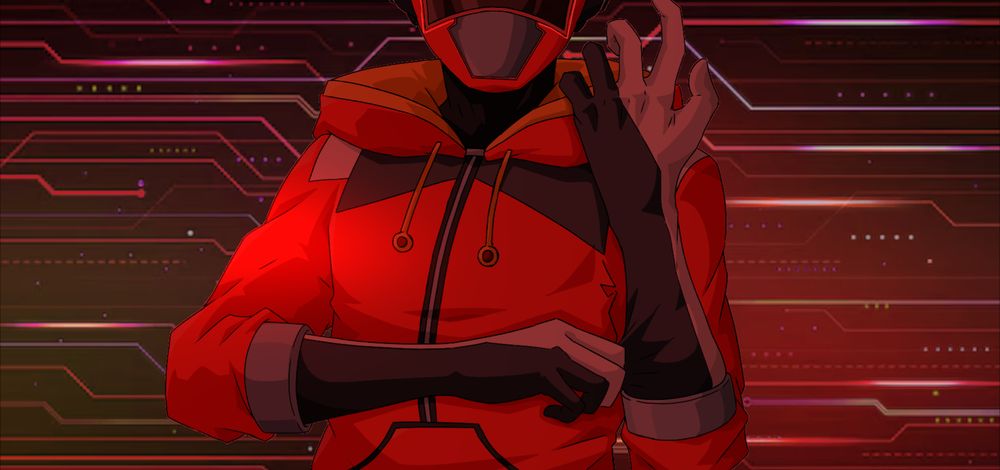 A preview of Tsushin Red, framed by a series of circuitry patterns.