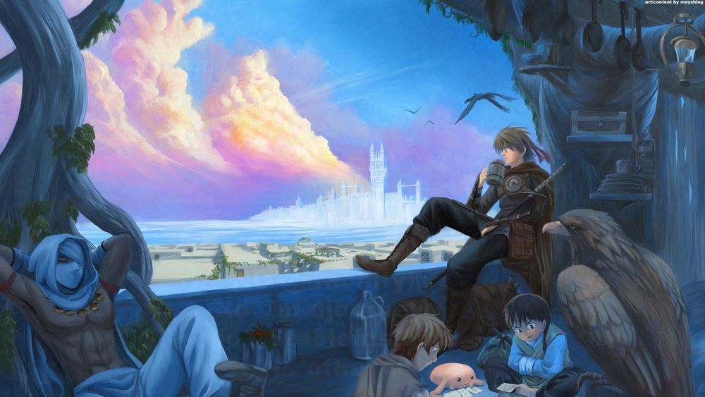 Fantasy Adventurers resting in a rest house cafe over a white town, with pink and yellow clouds in the dawn sky, two boys playing cards with a pink slime, a masked black guy resting by the tree roots, an eagle stopped by. A swordsman on the balcony with a drink in hand looking at the scenery. 