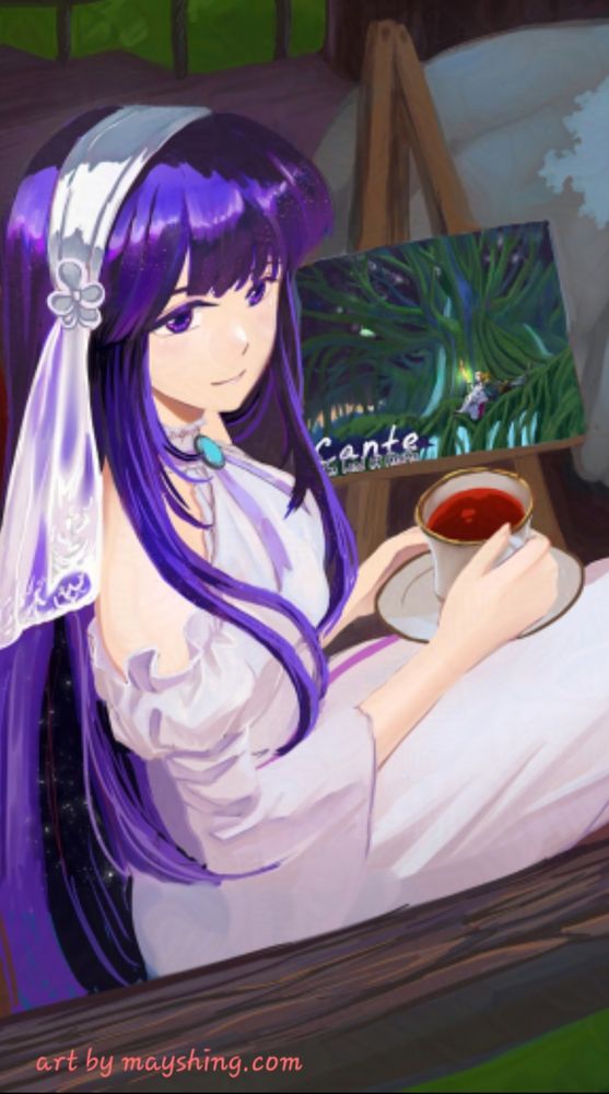 Mayshing priestess in white gown sitting having tea with a painting next to her. 