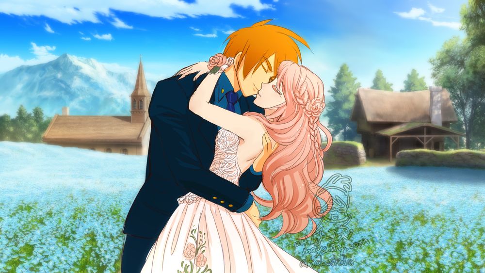 Digital art sketch. 
Jeremy and Rose kissing peacefully and gleefully on a wedding shoot in a blue flower field with a church behind and sunny day. Jeremy, copper short hair with sun kissed skin, wears a dark blue suit, gray blue dress shirt, gold bronze buckle on the side, ultramarine blue silk tie; Rose has her pink hair down with rose braided bun and white sparkles in her hair, pink white wedding dress with floral embroidery.   