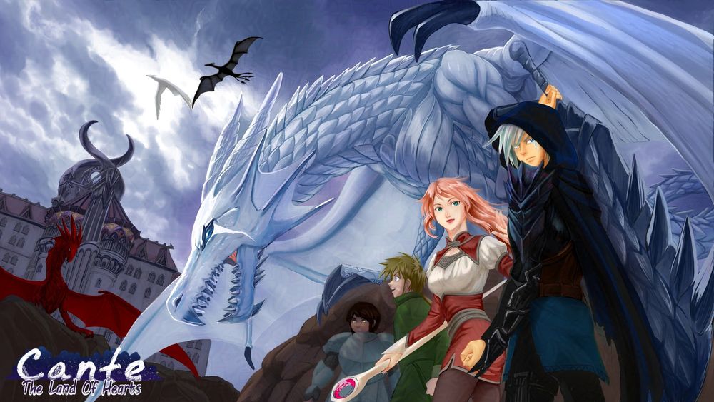 Dragon Hunters illustration. 
Dragon Hunters cover image, the sky is cloudy, a white dragon with blue eyes over towering 4 human dragon hunters. In foreground, an heavily armored silver haired man, tan skin, with 1 eye tatooed  a streak of white on his face, stands in the front carrying a large toothed sword; a pink hair, green eyes light skin young cheerful woman beside him with a wand, dressed in red brown outfit; a light blonde hair guy dressed in green canvas uniform  behind her looking at the white dragon above them, an armored brown skin short hair women in the back looking into the distance, in the background a red dragon spreading its wings in front of a mansion.



