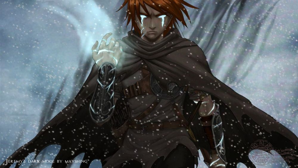 Jeremy, copper hair, dressed in light armor pieces on chest and arms, in brown shirt and broken cloak, ashes seeps from his body, ice cracks on his skin and eyes covered in lit up ice cracks. Background is winter storm.
