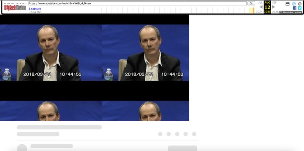 Screenshot of a half-loaded YouTube video in the Wayback Machine interface. Four images of Richard Prince at his second deposition fill the screen of the YouTube video.