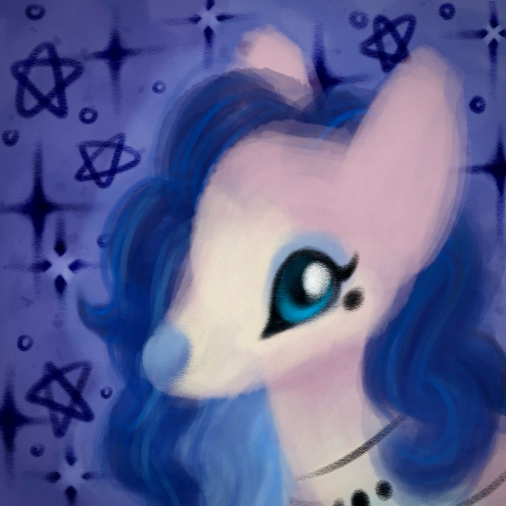 A painting of a pink and yellow deer with a blue nose, three-layered hair of an azure blue, silver-blue and a light blue. The deer is wearing multiple chains of necklaces. The background is purple and patterned with stars and sparkle shapes