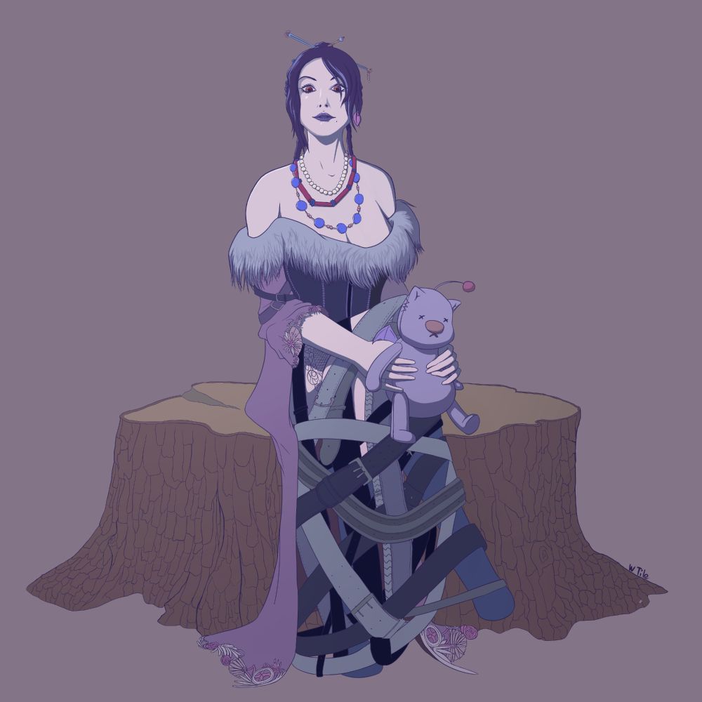 Drawing of Lulu from Final Fantasy X sat on tree stump holding a moogle doll