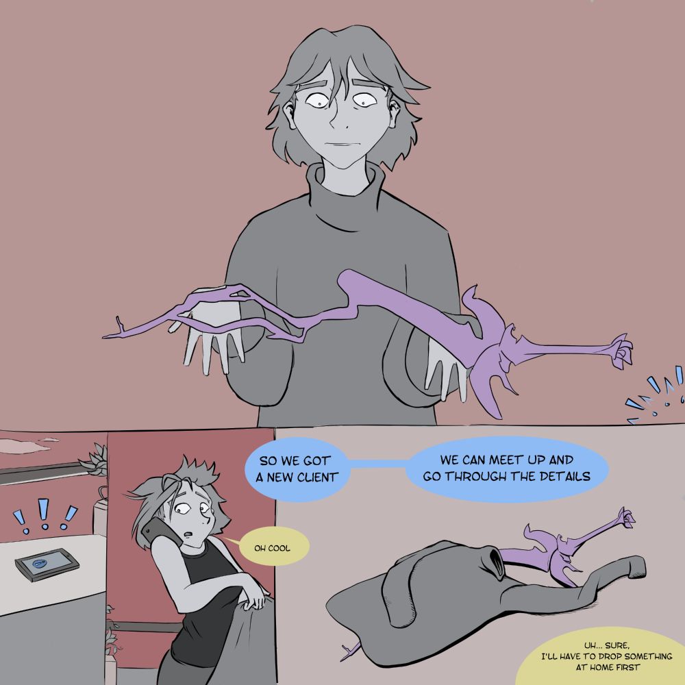 The girl looks shocked at the state of the sword she conjured and receives a phone call:
- Phone call: So we got a new client
- Girl: Oh Cool.
-Phone call: We can meet up and go through the details.
- Uh... sure, I'll have to drop something at home first.
The girl takes of her sweater and covers the sword.