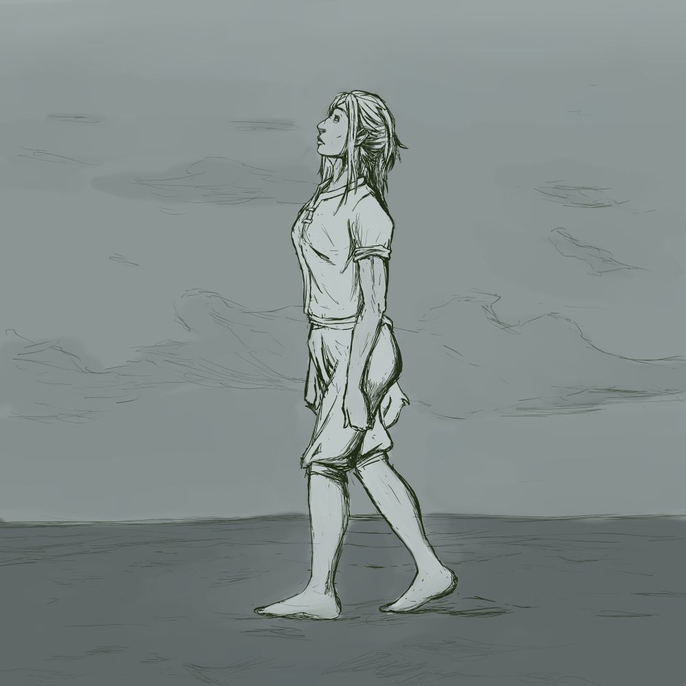 Drawing of Mira, a hero from a story of mine, here she is walking on sand