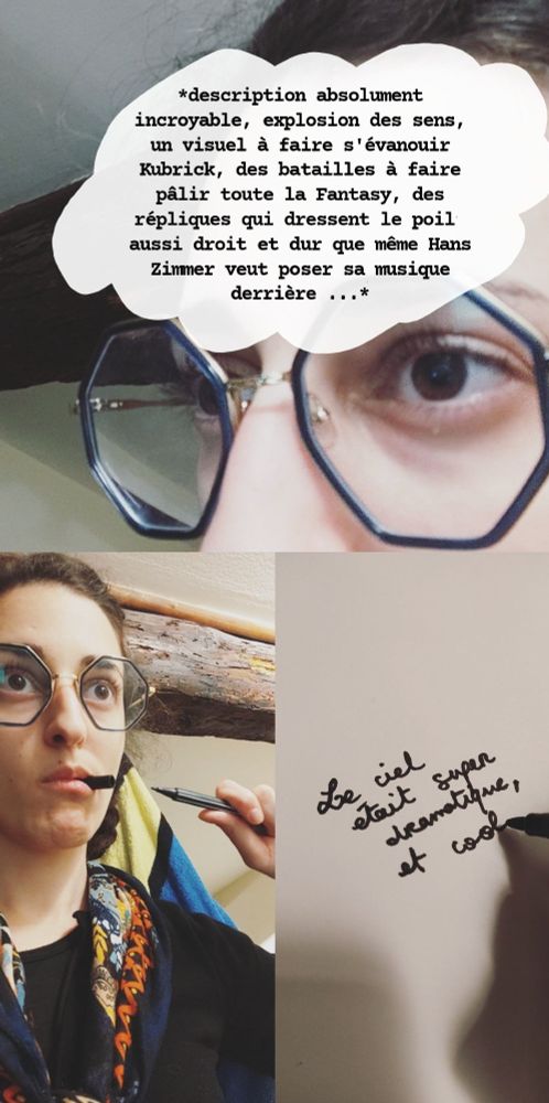 Une personne avec des lunettes imagine une description à couper le souffle. Intense, incroyable, à faire s'évanouir Kubrick, à faire pâlir toutes les batailles de fantasy, meme Hans Zimmer veut poser sa musique derrière.
La même personne saisit son stylo et, inspirée, écrit : "Le ciel était super dramatique et cool".