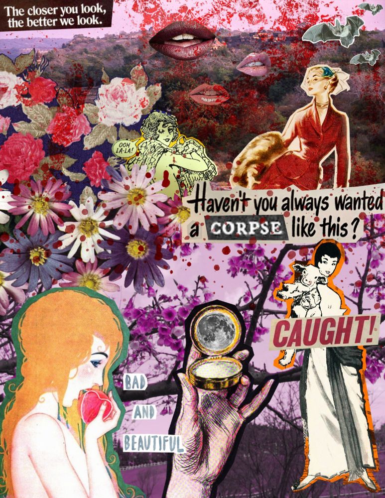 Digital collage with several women in nature scenes. For the top half, the blood-splattered background is a distant forest under a pink sky. 3 pairs of lips and 3 bats litter the scene. On the left, a large patch of white, red, pink, and purple roses and windflowers spill in and form a divide in the center of the image. The flowers partially cover a drawing of a woman mid-undress, head turned behind her back and winking. A speech bubble beside her reads: “Ooh la-la!” On the right is an elegant-looking woman in a sleek red dress with a fur pelt draped on her arm. Text below her reads: “Haven’t you always wanted a corpse like this?”

In the bottom half of the image, the background is a cherry blossom tree against a pink sky. On the left is a nude side profile of an extremely pale, blonde woman. She holds a large candy heart in her hands, raising it up to her lips and about to take a small bite. Text to her right reads: “Bad and beautiful.” In the middle, a hand daintily holds a pocket mirror reflecting the moon. Finally, on the right is a tall woman with short black hair in a long white dress. She’s holding a lamb in her arms, faintly smiling at it. Spread across both her and the lamb is text reading: “CAUGHT!” Dinner is served.