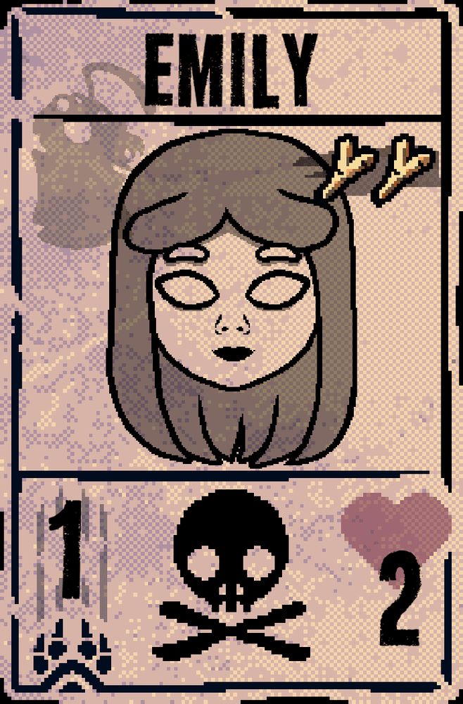A woman with a round head, small black lips, slight eye bags, and 6 segments of shoulder-length hair with 2 more clumps of rounded bangs that lift upward. The card reads "Emily" and is part of the Insect tribe. It has a cost of 2 bones, 1 power, 2 health, and the Touch of Death sigil.