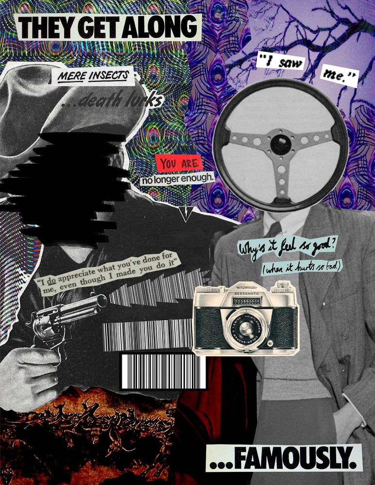 Top text/bottom text: "They get along" / “…famously"

Left: greyscale cowboy with a gun, “firing” a barcode at the person on the right. Below are two more barcodes and a herd of bulls in a sort of rusty cloud. His face is scribbled out with black marker. Behind him is a wall of peacock feathers overlayed with warped TV static.
Left text: “Mere insects”, “…death lurks”, “I do appreciate what you’ve done for me, even though I made you do it”

Middle text: “You are” “no longer enough.”

Right: well-dressed greyscale figure “holding” an old camera, right hand in pocket. Their head is a vintage car steering wheel with circles cut through the metal. Behind them are the same peacock feathers with inverted colors (purple-ish) overlaying a galaxy and a cutout of a bare tree branch.
Right text: “I saw” “me.”, “Why’s it feel so good?” “(when it hurts so bad)”