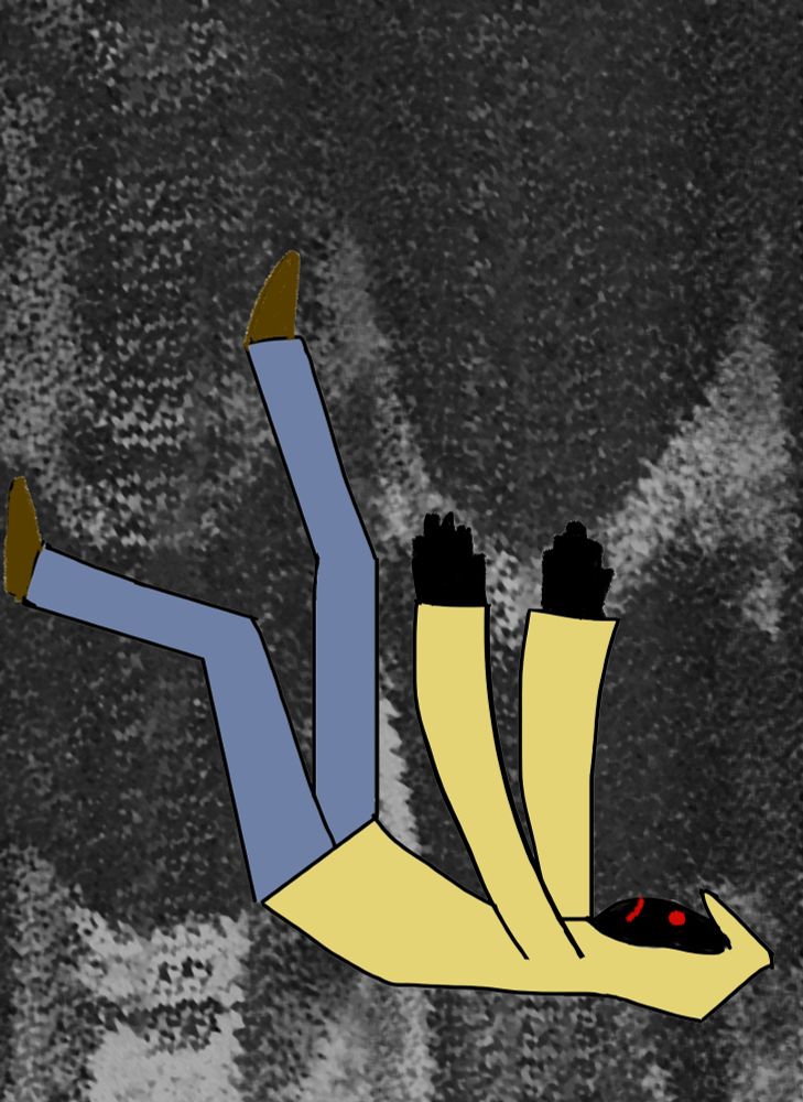 Hoody (Marble Hornets) falling back-down, arms and legs drifting upwards. Background is warped static.

Notes app drawing thrown into Photoshop