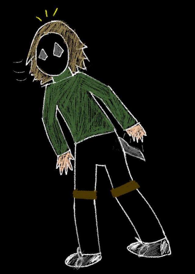 Hatcher (OC), back turned and head whipping around to face the viewer. The "eyes" on his mask are wider, shoulders stiff, and he let go of his flashlight. Very deer-in-the-headlights energy.