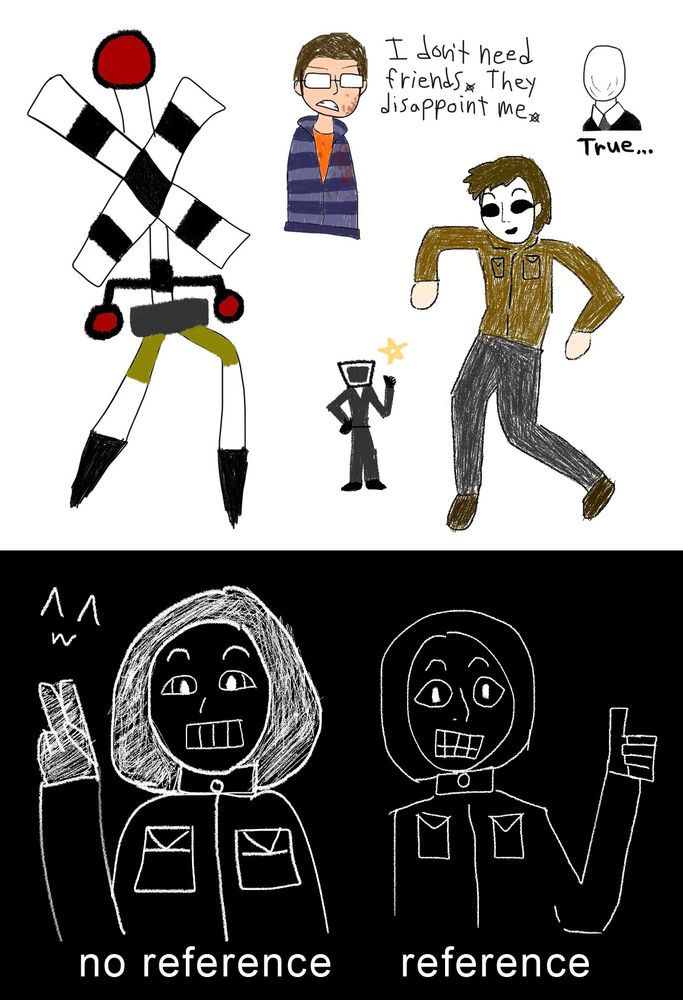 1. Crossbuck (People Still Live Here) running.
2. Alex Kralie (Marble Hornets), orange shirt/striped blue hoodie fit. Angry eyebrows, all-white glasses, gritted teeth, light blood splatter on face and clothes. (Text: “I don’t need friends. They disappoint me.” with periods replaced by the Operator symbol). To the right is the Operator as the Morgan Freeman “True…” meme.
3. Masky (Marble Hornets) doing the Orange Justice. To the left is a tiny Cameraman (Skibidi Toilet), one hand on hip and the other giving an approving thumbs-up (plus a gold star).
4. Skully (Marble Hornets) throwing up a peace sign (text: “no reference”). Oversized hood, small eyes, 4 vertical “teeth”, rounded shoulders and fingers. To the left is a ^w^ face.
5. Another Skully giving a thumbs-up (text: “reference”). Small hood, large eyes, 2 rows of 4 “teeth”, sharp upper body and blocky fingers.