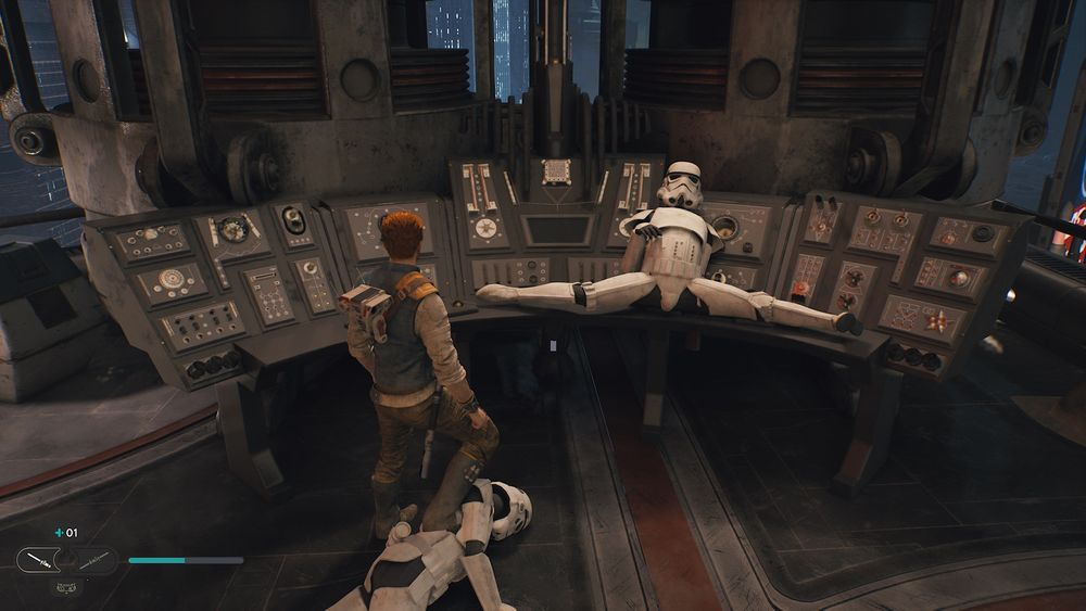 A dead stormtrooper doing the splits atop a computer terminal while Cal Kestis looks on. 