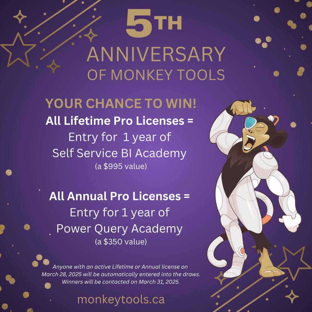 5th Anniversary of Monkey Tools
Your chance to win!
All Lifetime Pro Licenses = Entry for 1 year of Self Service BI Academy (a $995 value)
All Annual Pro Licenses = Entry for 1 year of Power Query Academy ($350 value)
Anyone with an active Lifetime or Annual license on March 28, 2025 will be automatically entered into the draw.