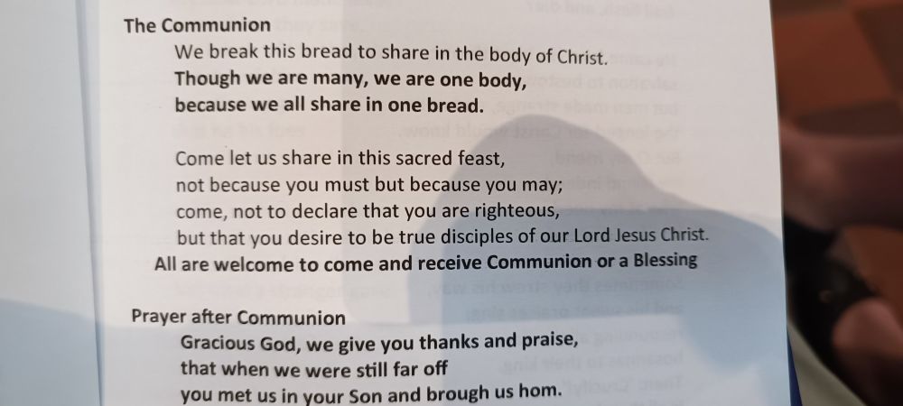 Text from an order of service with bold text: "Am aye welcome to come and receive Communion or a blessing". 