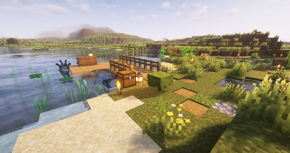 Over here, we have my main fishing dock. Some shroomlights illuminate under the dock for night fishing. It looks very basic right now, but I intend to add more to it later on, possibly a little boat cabin nearby.