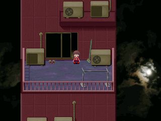 A screenshot from the cult favorite RPG Maker game Yume Nikki. This screen shows the main character, Madotsuki, standing at the sliding door of her balcony, looking out into the dimly lit sky.