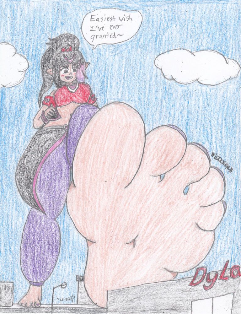 Fairy Duni's genie form looming over a mock-up of my job. After saying that my job was being hard on me, she decided to grant a wish to stomp it out.~ "Easiest wish I've ever granted.~"