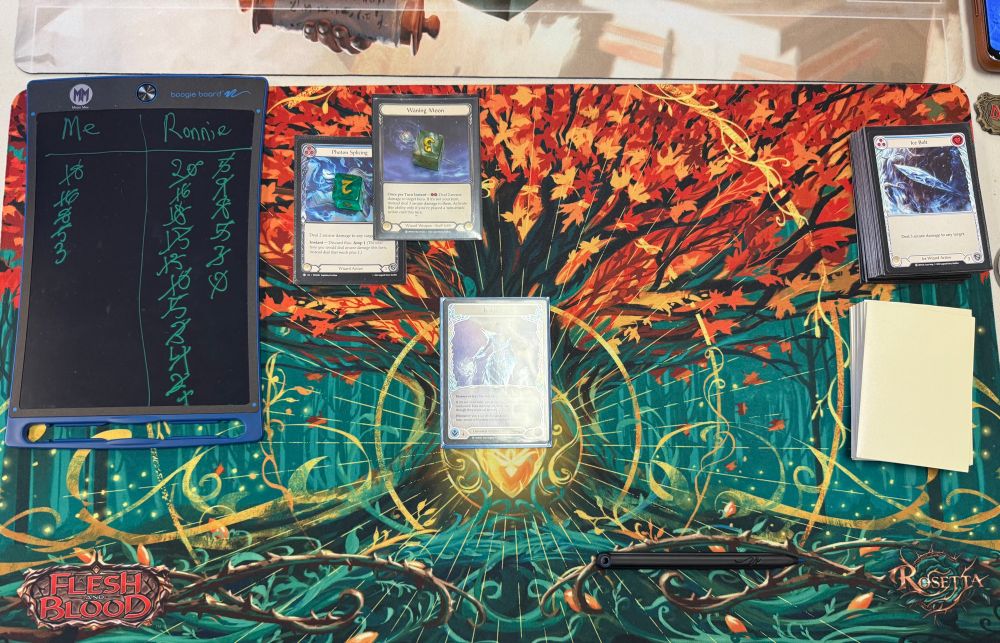 End game 3 board state versus Oldhim. All equipment used, sent blue Photon Splicing from arsenal, held priority to add Waning Moon. Hard fought back from a double Arcane Polarity turn that gained him back 8 health. 