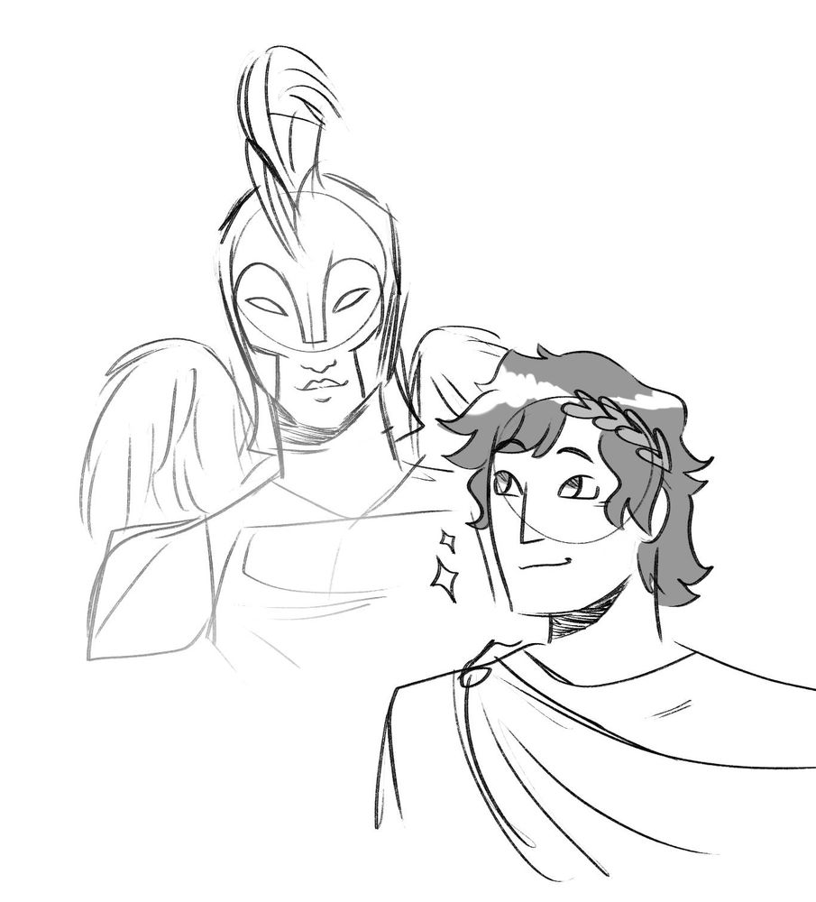 A simple bust sketch of Epic the Musical's Athena and Telemachus. They are both smiling at one another.
