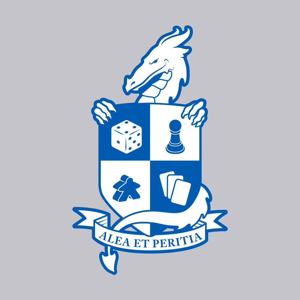 Heraldry for a gaming club, it says "alea et peritia", includes various gaming symbols and has a dragon behind.