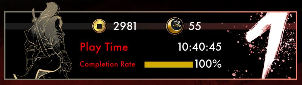 A snippet from Shinobi: Art of Vengeance showing a save file with 100% completion rate.