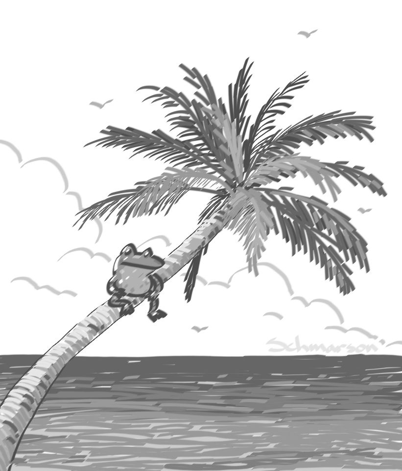 It's like a frog sitting on a palm tree trunk over the ocean. There's also clouds and a few birds in the background.