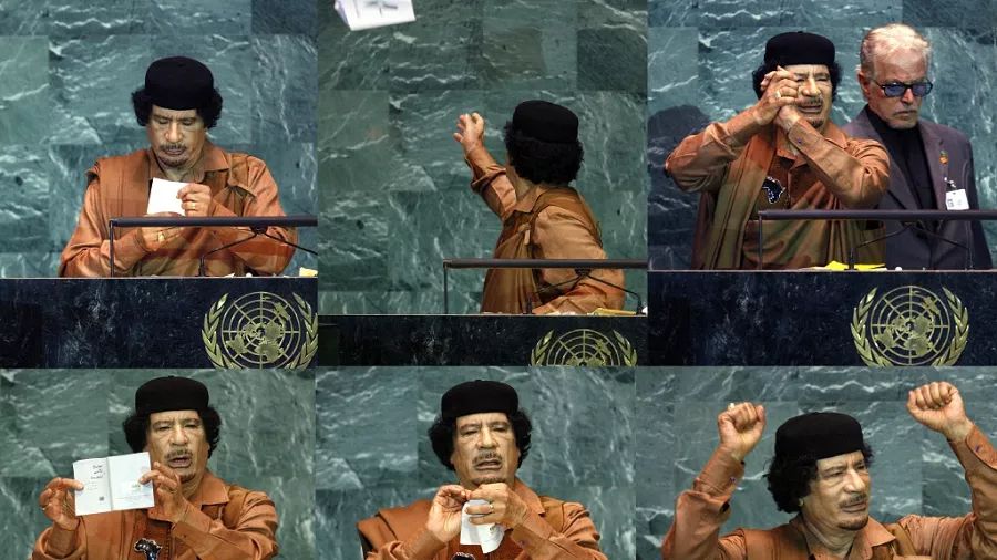 Montage of Muammar Gaddafi at the UN in 2009