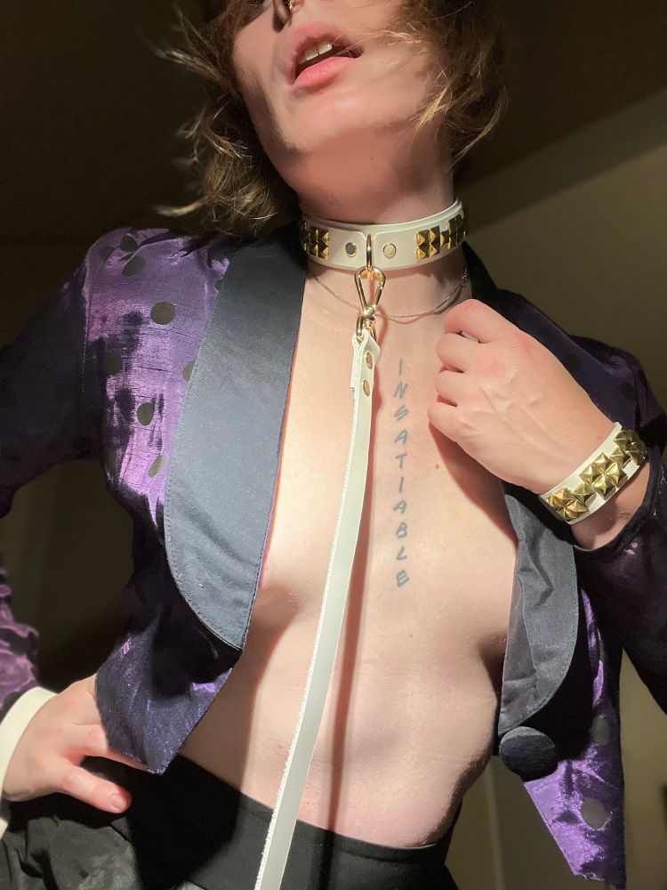 picture of some girl wearing a white collar and leash with gold hardware, a purple and black cropped tux jacket, and not much else. 