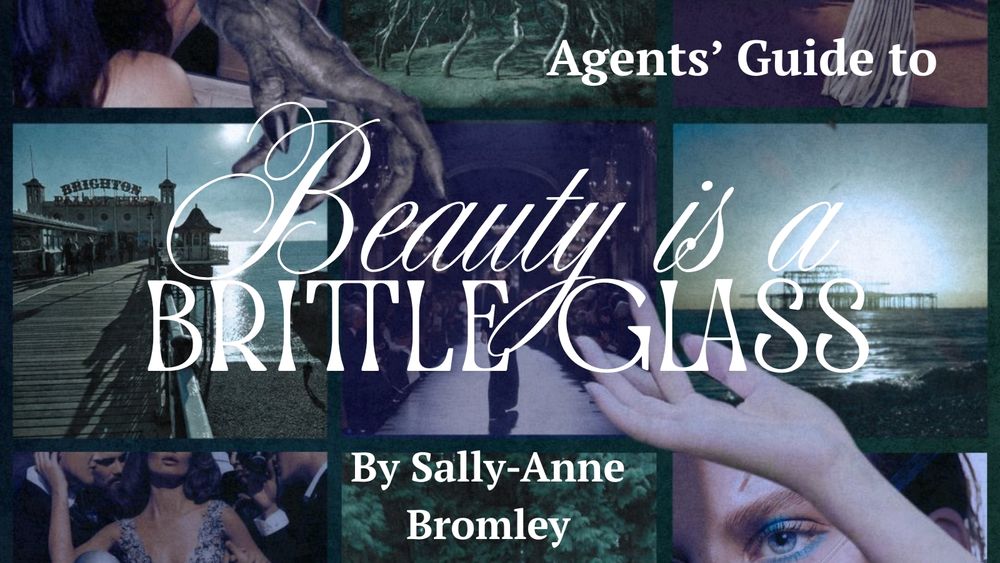 Images of a woman looking in a mirror, a woman's hand, a spooky group of trees, a devil's hand. The title Beauty is a Brittle Glass.